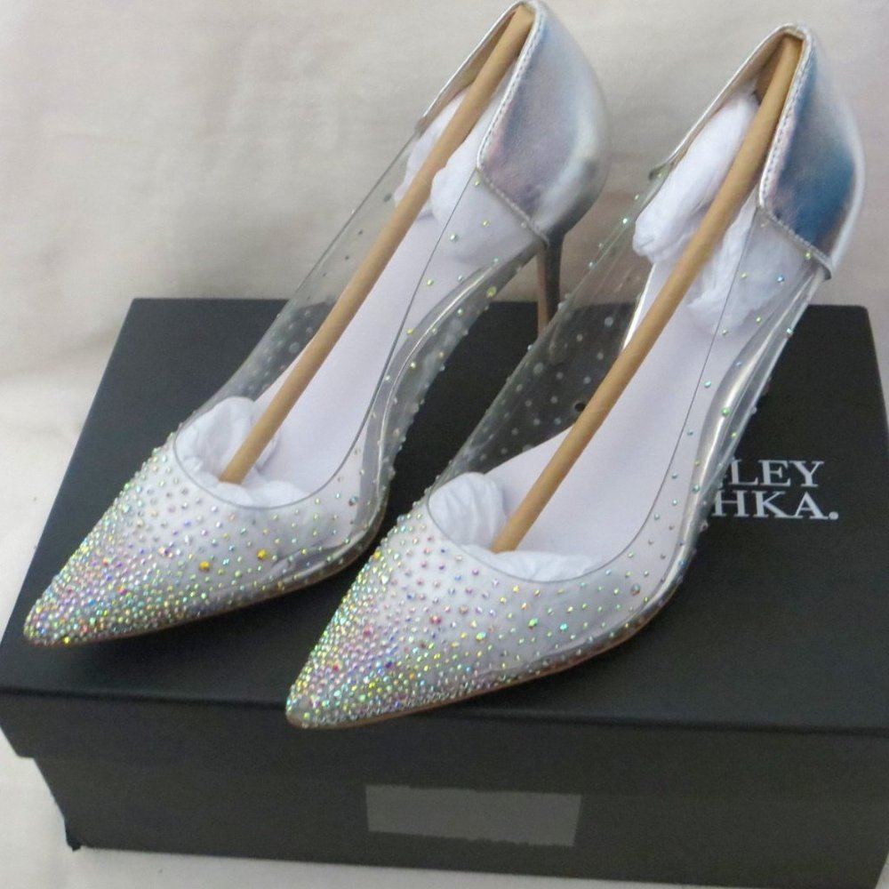 Badgley Mischka Gisela Simlet Clear Silver Wedding Rhinestones Pumps 7.5